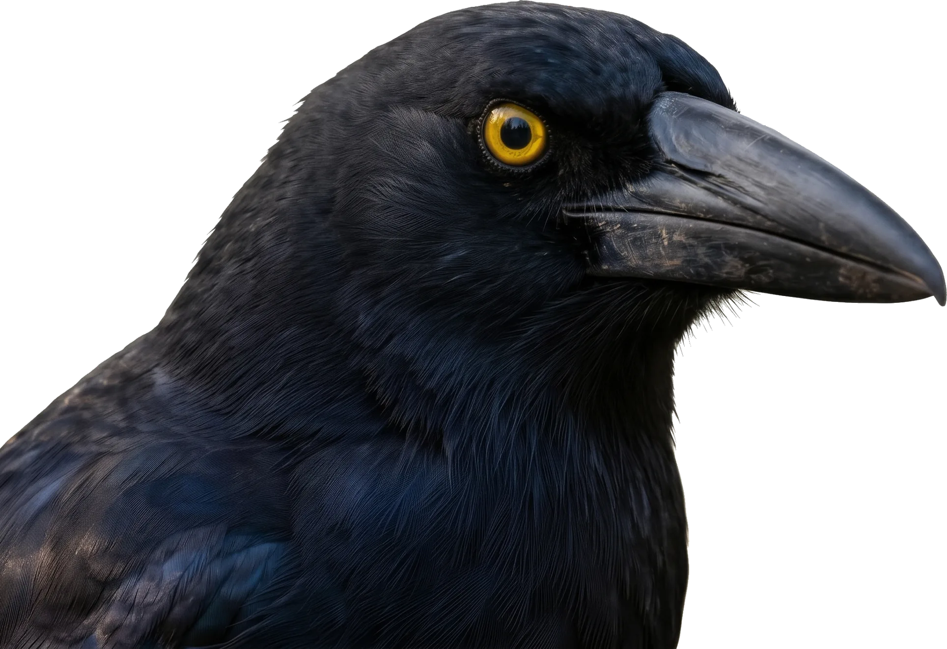 A currawong's head in profile, faint against the night, with its yellow eye